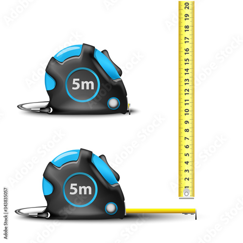 blue Retractable steel measuring tape with imperial and metric measurements isolated on white background