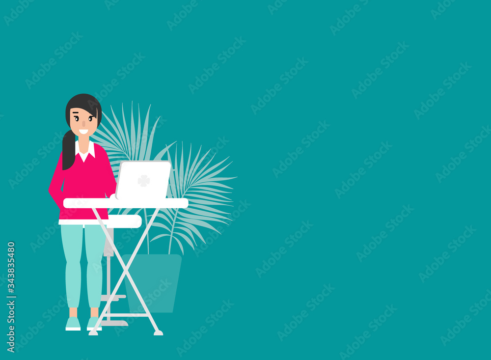 Fototapeta premium Happy freelancer girl on table with computer. flat vector illustration on blue background.