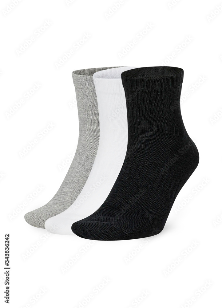 Set of short socks white, grey, black isolated on white background. Three pair of socks in different colors. Sock for sports on invisible foot as mock up for advertising, branding, design.
Set of short socks white, grey, black isolated on white background. Three pair of socks in different colors. Sock for sports on invisible foot as mock up for advertising, branding, design.