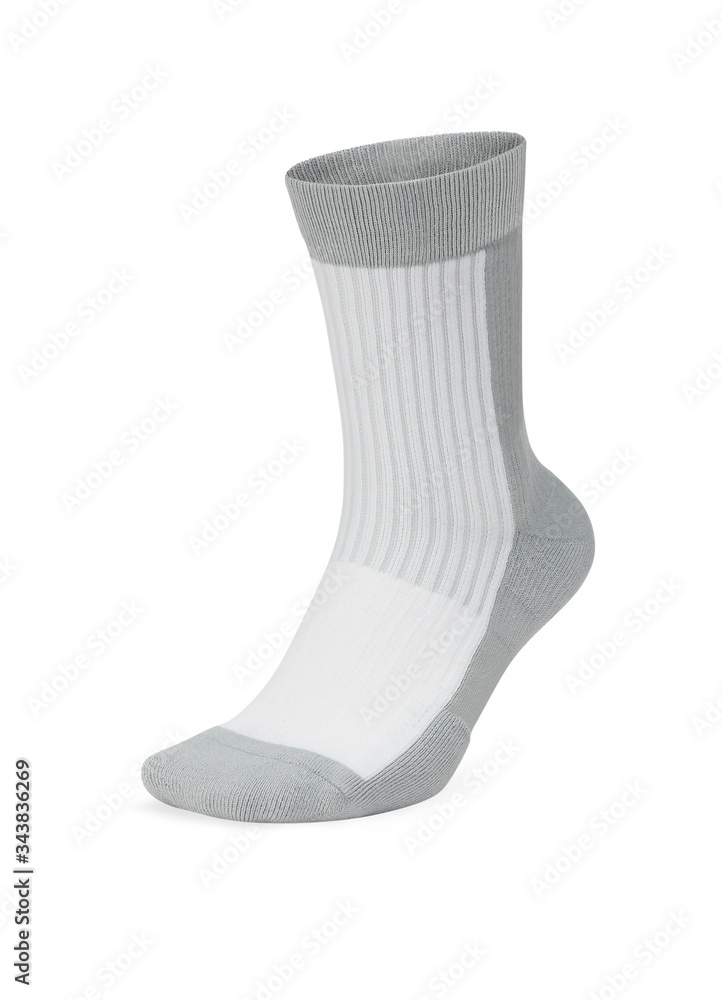 Set of socks white and grey color isolated on white background. One pair of socks in different colors. Sock for sports on invisible foot as mock up for advertising, branding, design. Set of socks white and grey color isolated on white background. One pair of socks in different colors. Sock for sports on invisible foot as mock up for advertising, branding, design.