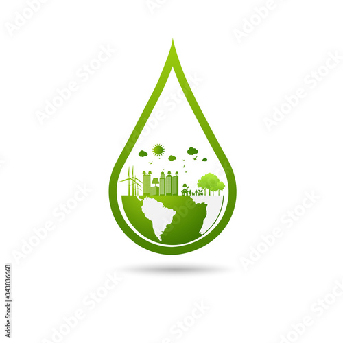 Ecology concept with green city on earth, World environment and sustainable development concept, vector illustration