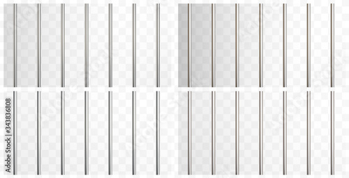 Prison metal bars set isolated on transparent background. Iron and steel empty jail cage. Vector security pipe or stick border patterns