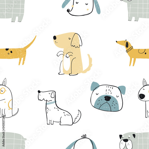 Vector hand-drawn color seamless repeating childish simple pattern with cute dogs in Scandinavian style on a white background. Children's pattern with dogs. Dogs print. Cute baby animals.
