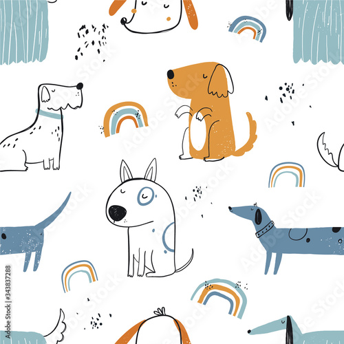 Vector hand-drawn color seamless repeating childish simple pattern with cute dogs and rainbow in Scandinavian style on a white background. Children's pattern with dogs. Dogs print. Cute baby animals.
