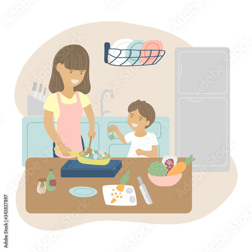 flat art design int theme of family, motherhood,children,home learning, knowledge. Mother and son are cooking at home together