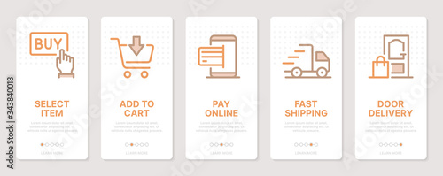Shopping related vertical cards. Mobile app onboarding screens. Templates for a website. Icons with editable stroke