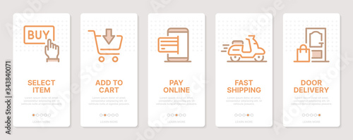 Shopping related vertical cards. Mobile app onboarding screens. Templates for a website. Icons with editable stroke