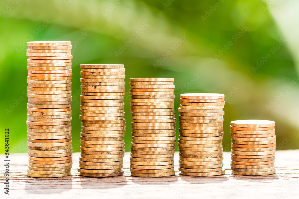 Money coins stack growing graph with green tree bokeh background Money coins stack growing graph with green tree bokeh background