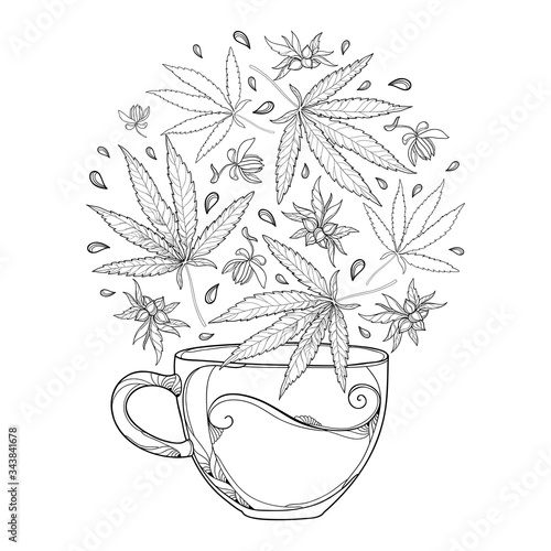 Outline cup of herbal tea with Cannabis sativa or Marijuana leaf and seed in black isolated on white background.