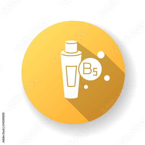 B5 panthenol in tube yellow flat design long shadow glyph icon. Medical ointment. Remedy in package. Moisturizing cosmetic product for hair treatment. Silhouette RGB color illustration.