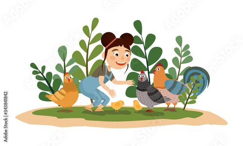 Girl play with hens, cockerel and chickens in a poultry yard surrounded by tall green grass. Vector children cartoon illustration