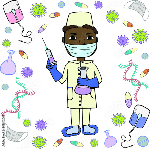 Cartoon afro american doctor with vaccine. Hand drawn cute vector doctor in mask and doodle set about coronavirus, Covid-19.Pandemic protection. Quarantine positive doodle icons. Isolated on white.