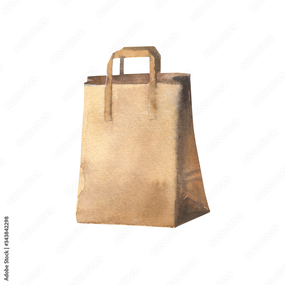 Kraft paper bag for shopping. Design element for store advertising or product delivery. Watercolor illustration hand drawn isolated on a white background. Kraft paper bag for shopping. Design element for store advertising or product delivery. Watercolor illustration hand drawn isolated on a white background.