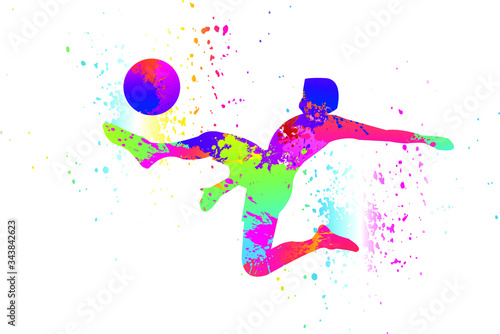 Football logo design. Soccer player kick the goal. Colorful sport background. Vector illustration.