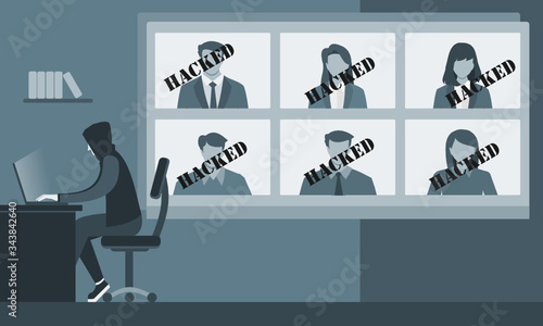 Hacker Steal Video Conference User Account Data ID Information and Sell it in Dark Web. Online Virtual Meetings Security Crack Risk Illustration. Enterprise Webinars Teleconference Hijacking Concept.