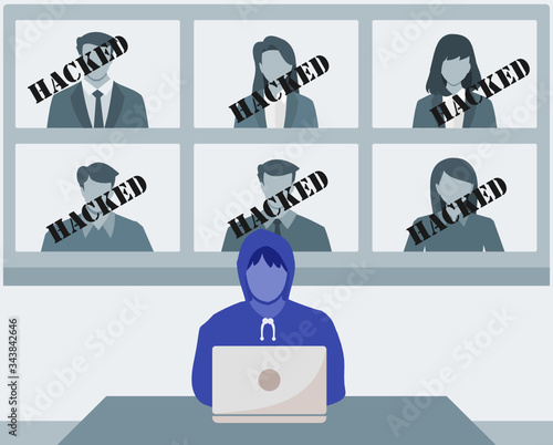 Hacker Steal Video Conference User Account Data ID Information and Sell it in Dark Web. Online Virtual Meetings Security Crack Risk Illustration. Enterprise Webinars Teleconference Hijacking Concept.