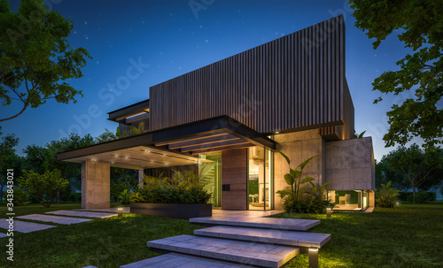 3d rendering of modern cozy house with parking and pool for sale or rent with wood plank facade and beautiful landscaping on background. Clear summer night with many stars on the sky.