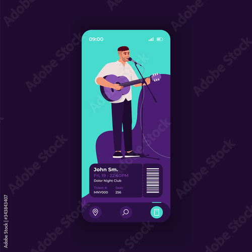 Concert tickets booking application smartphone interface vector template. Mobile app page dark design layout. Performance details screen. Flat UI for application. Musician on phone display.