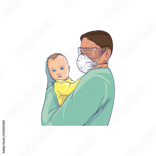 Man in a protective suit from germs, viruses and a Medical Face mask holds a baby in his arms. Medic in a respirator, protection against Coronavirus infection and a child. Father and son. Vector 