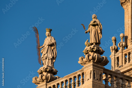 Santiago de Compostela Cathedral, Galicia, Spain. Statue of St. Susanna and St. John. Obradeiro square in Santiago de Compostela The ending point of ancient pilgrim routes, Way of St. James.