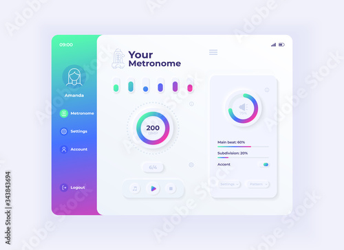 Metronome application tablet interface vector template. Mobile app page day mode design layout. User account screen. Flat UI for application. Music rhythm parameters on portable device display.