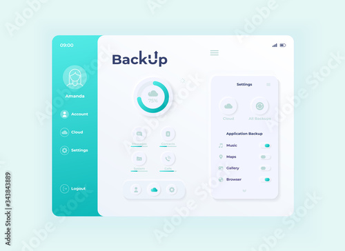 Backup application tablet interface vector template. Mobile app page day mode design layout. User data copying screen. Flat UI for application. Cloud uploading process on portable device display.