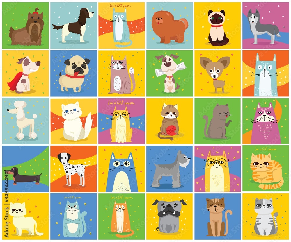 Cool cats and dogs. Vector trendy hipster style greeting cards design, t-shirt print, inspiration poster. Cool cats and dogs. Vector trendy hipster style greeting cards design, t-shirt print, inspiration poster.