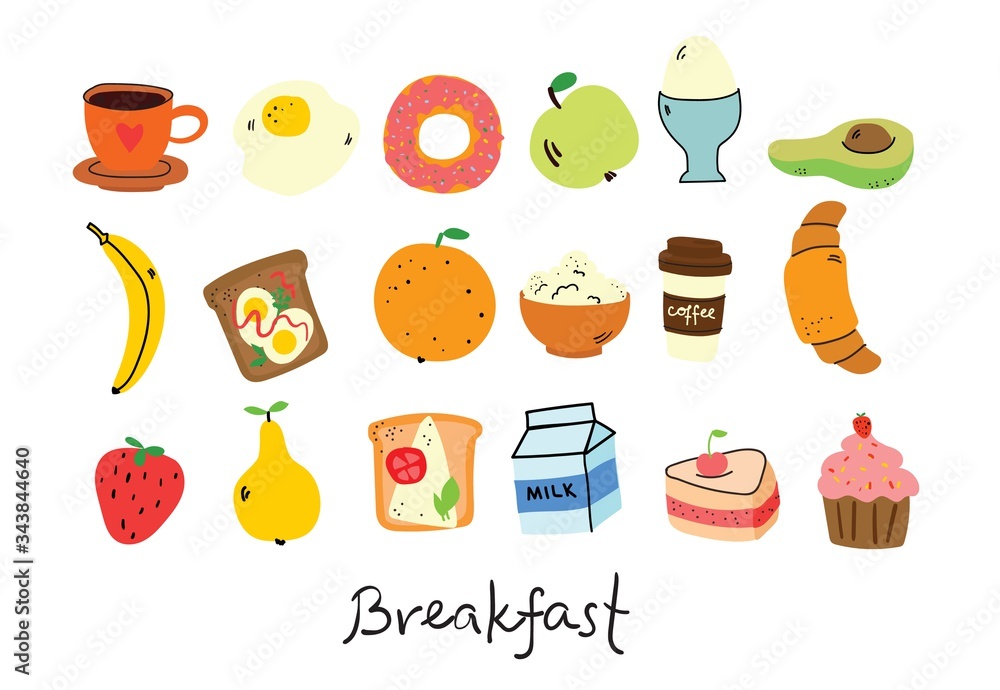 Breakfast hand drawn doodle icons. Food and drink.