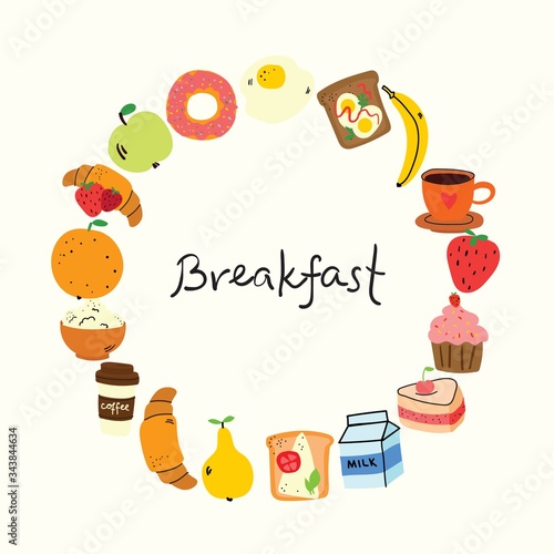 Breakfast hand drawn doodle icons. Food and drink.