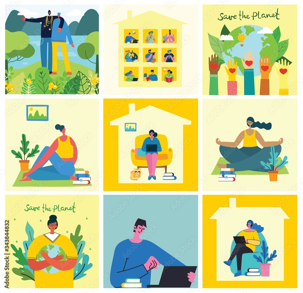 Set of illustrations of Stay and work at home and Save the planet in the flat design.
