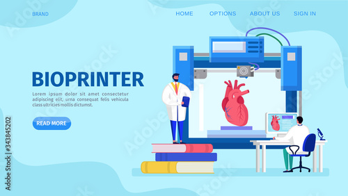 3D bioprinter human organs, vector illustration. Artificial heart implant replicated at innovate medicine engineering equipment. Doctors character near large anatomy printer, landing banner.