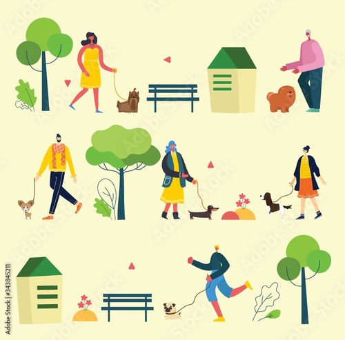 Vector illustration background in flat design of group people walking with dogs outdoor in the park on weekend