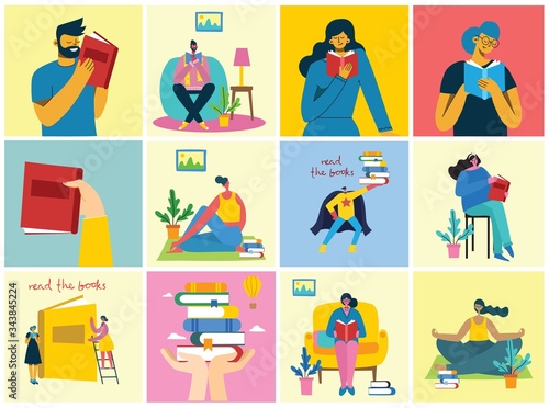 Vector concept illustrations of World Book Day, Reading the books and Book festival in the flat style.