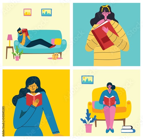 Vector concept illustrations of World Book Day, Reading the books and Book festival in the flat style.