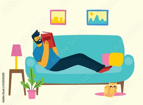 Vector concept illustrations of World Book Day, Reading the books and Book festival in the flat style. People stay at home and read a book