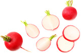 fresh radish with slices isolated on white background. top view