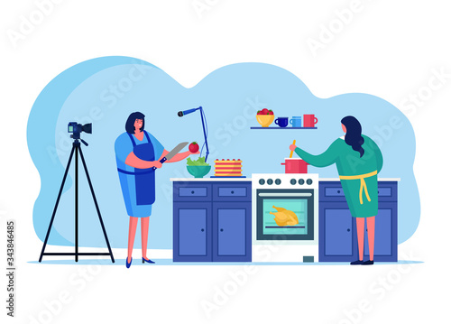 Cooking online streaming, female character brew internet broadcasting host isolated on white, flat vector illustration. Broadcast woman prepare food on kitchen studio, healthy meal.