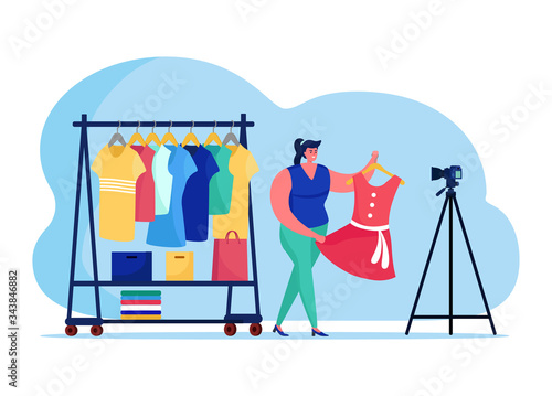 Fashionable clothes blogging online streaming, female character vogue internet broadcasting host isolated on white, flat vector illustration. Video broadcast woman selection item garment.