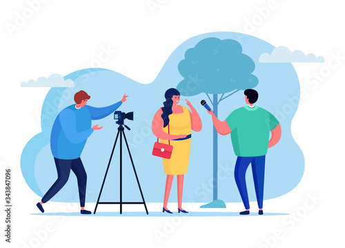 Video blogging interview female character, male journalist online streaming isolated on white, flat vector illustration. People live video broadcast, outdoor park street conversation.