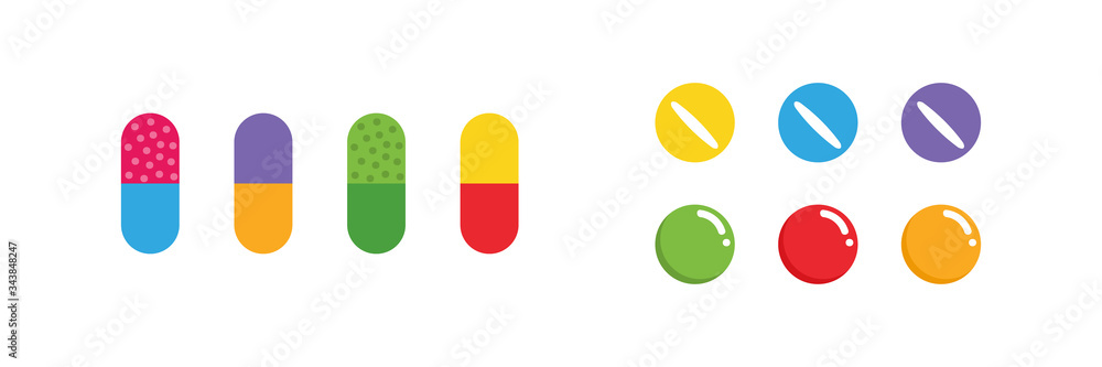 Set, collection of colorful cartoon style pills, medication isolated on white background. Set, collection of colorful cartoon style pills, medication isolated on white background.