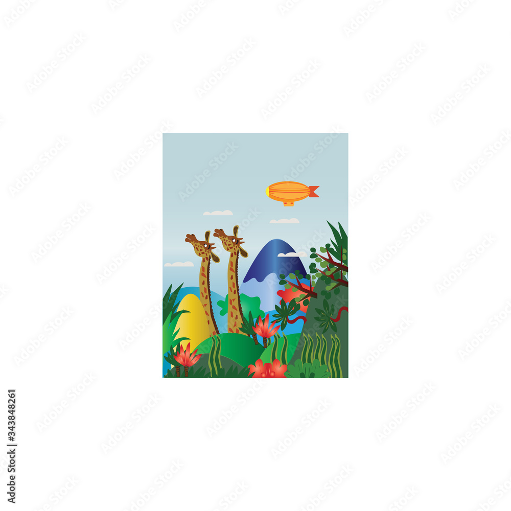 Fototapeta premium vector illustration of funny wildlife with mountain and jungle background.