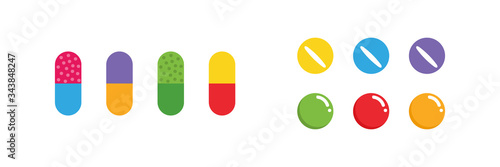 Set, collection of colorful cartoon style pills, medication isolated on white background.