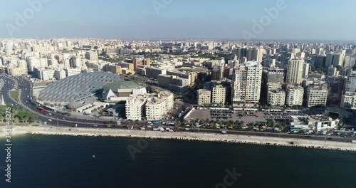 Aerial Drone shot over Egypt Alexandria city bibliotheca 