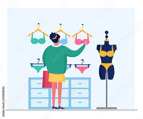 Woman character choose fashion lingerie, female underwear brassiere isolated on white, flat vector illustration. Various girl underclothes bra casual panties, luxury fashion shop boutique.