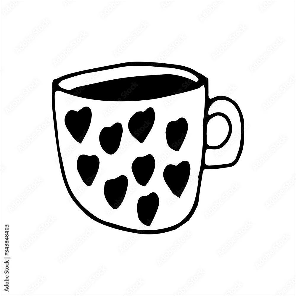 Single hand drawn cup of coffee, chocolate, cocoa, americano or cappuccino. With hearts pattern. Doodle vector illustration. Single hand drawn cup of coffee, chocolate, cocoa, americano or cappuccino. With hearts pattern. Doodle vector illustration.