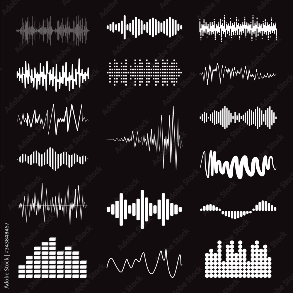 Obraz premium Big collection white music wave on black background. Vector set of isolated audio logos, pulse players, equalizer symbols sound design elements