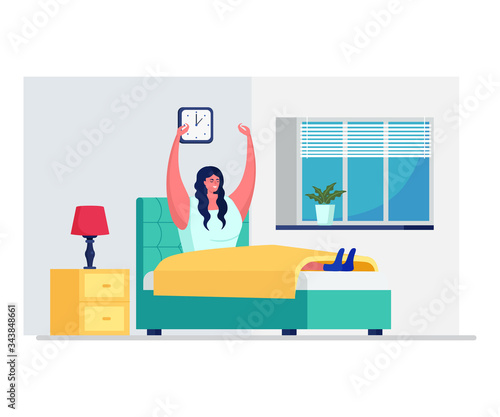 Daily woman morning routine, female wake up isolated on white, flat vector illustration. Female resting on bedroom early awakening and enough sleep, design modern soft bedstead interior.