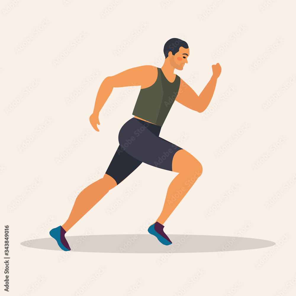 Man runs marathon, athlete performs a race, overcoming distance. Sport guy, cardio workout. Vector illustration