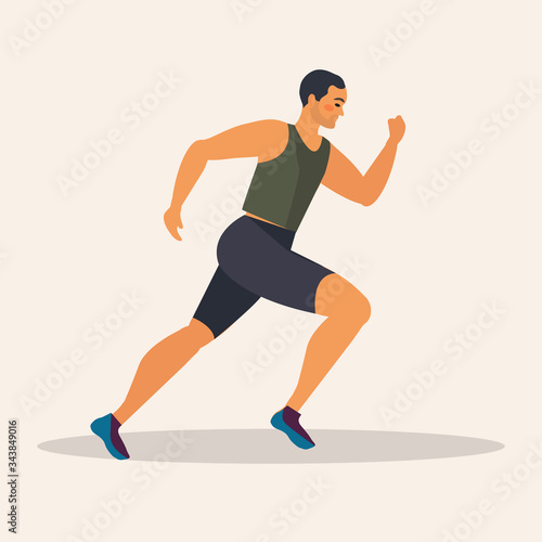 Man runs marathon, athlete performs a race, overcoming distance. Sport guy, cardio workout. Vector illustration