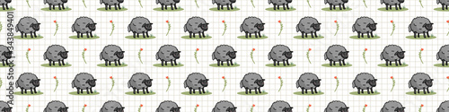 Cute gray sheep in field cartoon seamless vector border. Hand drawn agriculture livestock. Farm animal with flower all over print on check background. Wooly ewe backdrop. 